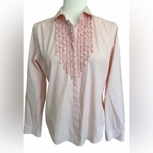 Lauren Ralph Lauren Petite Pink White Striped Ruffle Blouse Cotton P/L